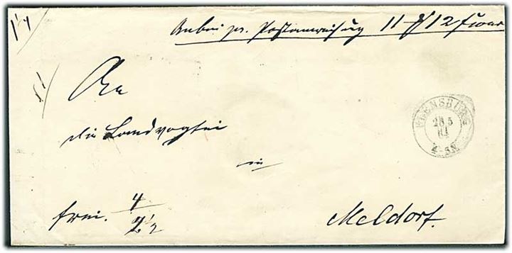 1864. Ufrankeret brev med postanvisning stemplet Flensburg d. 28.5.1864 til Meldorf. Flere påtegninger og på bagsiden 2 forskellige bureaustempler.