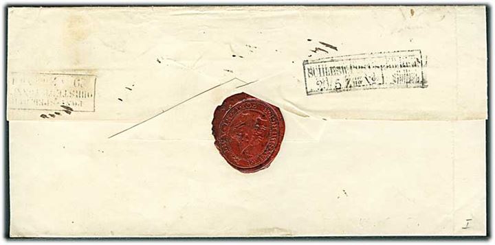 1864. Ufrankeret brev med postanvisning stemplet Flensburg d. 28.5.1864 til Meldorf. Flere påtegninger og på bagsiden 2 forskellige bureaustempler.