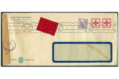 10 öre Gustaf og 20 öre Røde Kors (2) på rudekuvert sendt som ekspres fra Stockholm d. 25.5.1945 til Danmark. Åbnet af dansk efterkrigscensur med neutral brun banderole og stempel (krone)/Danmark og håndskrevet censur-nr. 106.