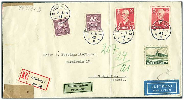 10 öre Skytte-Rörelsen (2) og 20 öre Gustaf 75 år (2) på anbefalet luftpostbrev fra Göteborg d. 7.8.1943 til Luzern, Schweiz. Åbnet af tysk censur i Berlin.