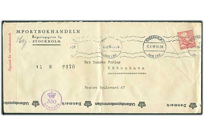 20 öre Gustaf på brev fra Stockholm d. 15.8.1945 til København, Danmark. Åbnet af svensk valutakontrol og dansk efterkrigscensur med stempel (krone)/330/Danmark.