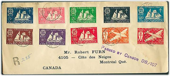 St. Pierre & Miquelon blandingsfrankeret anbefalet brev fra d. 25.8.1942 via Halifax til Montreal, Canada. Canadisk censur DB/107.