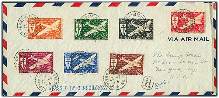 St. Pierre & Miquelon. Komplet sæt Luftpost udg. på anbefalet luftpostbrev fra St. Pierre et Miquelon d. 26.2.1943 til New York, USA. Canadisk censur DB/107.