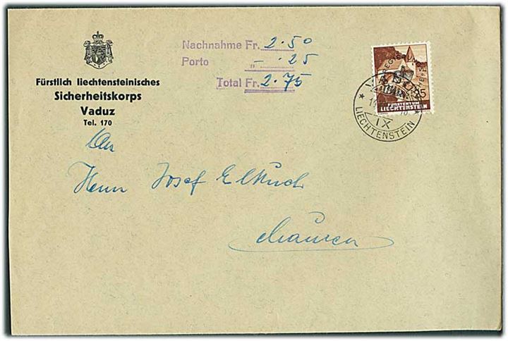 25 c. Tjenestemærke på fortrykt kuvert fra Fürstlich Liechtensteinische Sicherheitskorps sendt med postopkrævning fra Vaduz d. 16.12.1941 til Mauren.