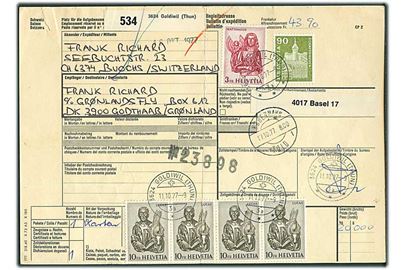Schweiz 43,90 fr. frankeret internationalt adressekort for pakke fra Goldiwil d. 11.10.1977 via København til Godthåb, Grønland. Ank.stemplet Godthåb d. 7.11.1977