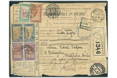 Tunis. 11,55 fr. pakkeporto frankeret internationalt adressekort for pakke fra Tunis d. 31.1.1923 via Anvers og Göteborg til Stockholm, Sverige. Lidt skrøbelig.