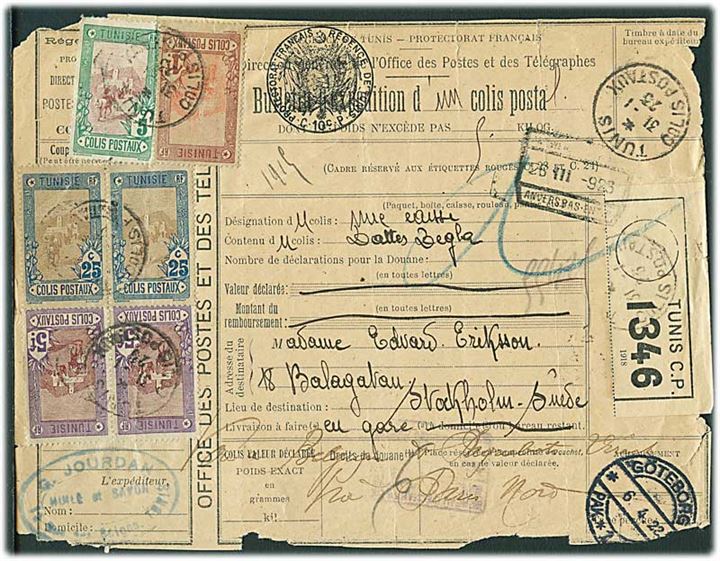 Tunis. 11,55 fr. pakkeporto frankeret internationalt adressekort for pakke fra Tunis d. 31.1.1923 via Anvers og Göteborg til Stockholm, Sverige. Lidt skrøbelig.