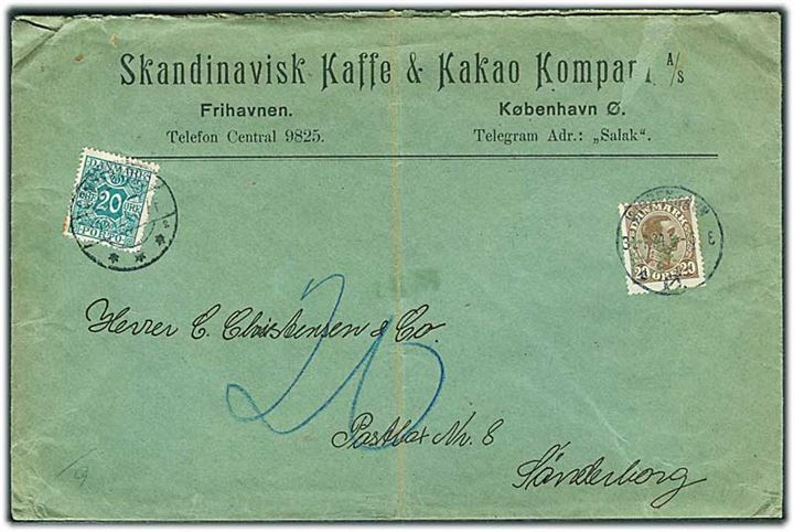 20 øre Chr. X med perfin F.K. på underfrankeret firmakuvert fra Skandinavisk Kaffe & Kakao Kompagni i København d. 31.1.1924 til Sønderborg. Udtakseret i porto med 20 øre Portomærke stemplet Sønderborg d. 1.8.1924.