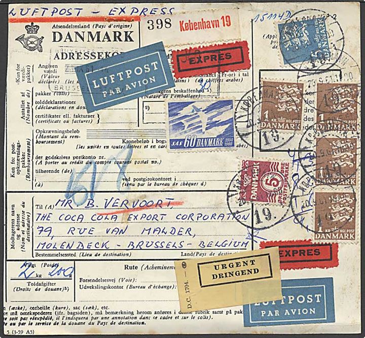 5 øre Bølgelinie, 60 øre SAS, 1 kr. og 5 kr. Rigsvåben på 6,65 kr. frankeret internationalt adressekort for luftpost ekspres pakke fra København d. 20.9.1961 til Belgien.