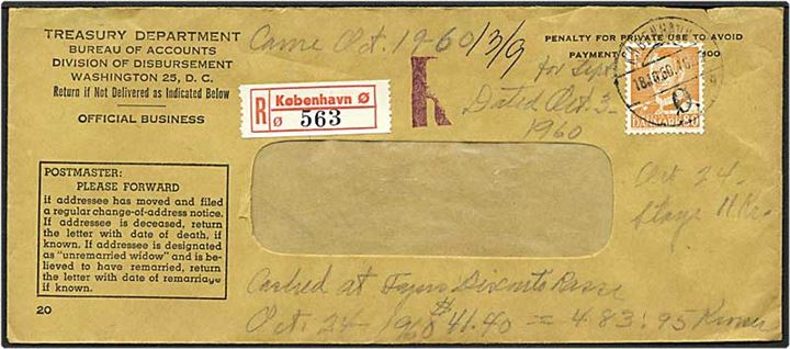80 øre orange Fr. IX silgelfrankatur på Rec. brev fra København d. 198.10.1960 med enkecheck fra det amerikanske militær. 