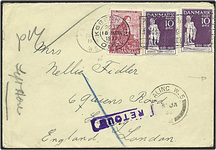 5 øre rød og 10 øre violet Thorvaldsen på brev fra København d. 18.12.1938 til London, England. Brevet returneret og med julemærke på bagsiden af kuverten.