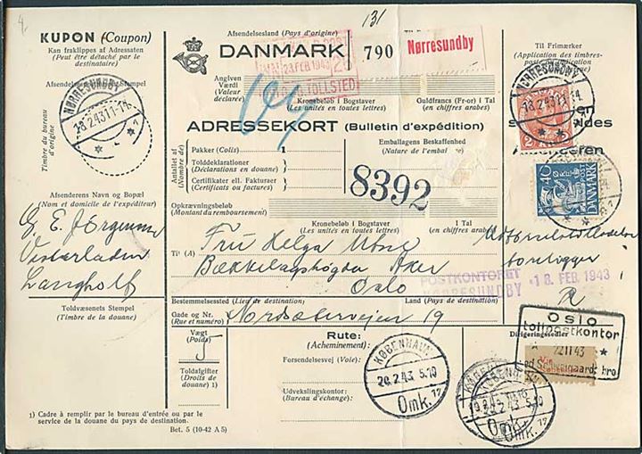 40 øre Karavel og 2 kr. Chr. X på internationalt adressekort for pakke fra Nørresundby d. 18.2.1943 til Bekkelagshøgda, Norge.