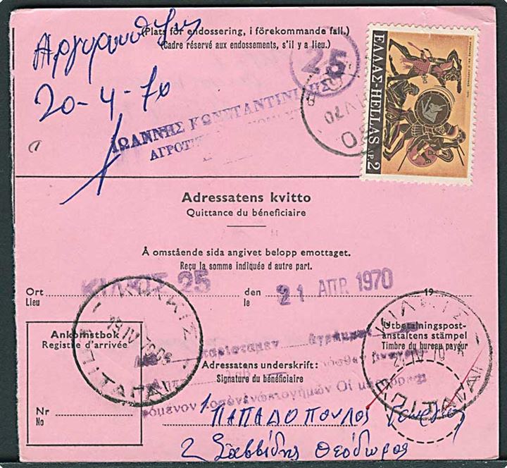 2 kr. Tre Kroner på international postanvisning fra Mönsterås d. 16.4.1970 til Kilkis, Grækenland. På bagsiden græsk 2 dn mærke som gebyr.