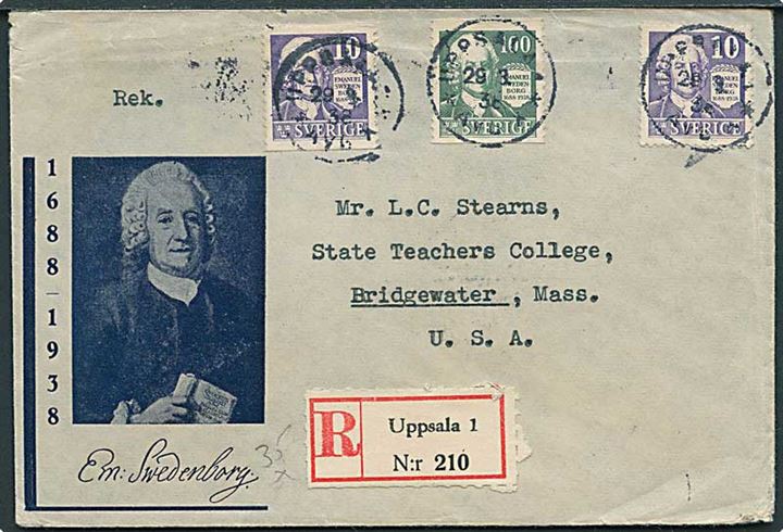 Komplet sæt Swedenborg på illustreret Em. Swedenborg kuvert sendt anbefalet fra Uppsala d. 29.3.1938 til Bridgewater, USA.