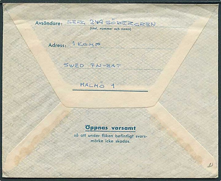 Militärbrev stemplet Svenska FN-Bataljonen Egypten d. 12.12.1957 til Eksjö, Sverige. Uden svarmærke.