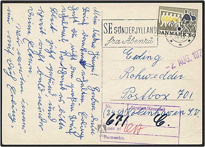 60 øre brevkort fra Åbenrå d. 1.8.1972 til indsat fange i Vestre Fængsel (Postboks 701, 2450 København SV). Fængsels-censureret med violet kassestempel. Frimærke mangler øvre hjørne.