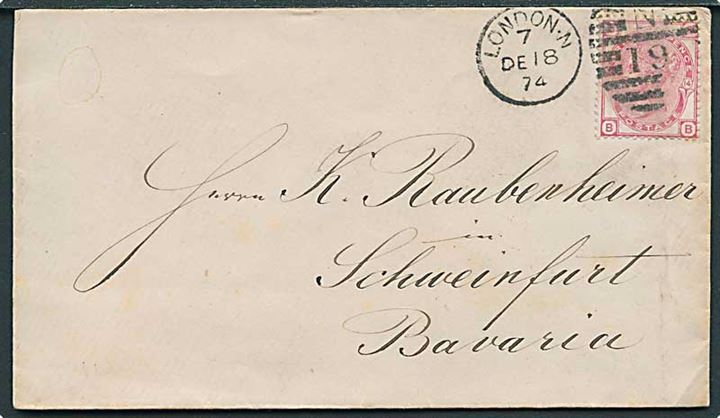 3d Victoria plate 14 på brev annulleret med duplex London N/N 19 d. 18.12.1874 til Schweinfurt, Bayern.