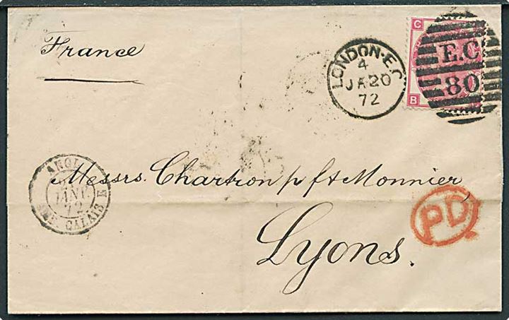 3d Victoria plate 7 single på brev annulleret med duplex London EC/E.C.80 d. 20.1.1872 via Paris til Lyon, Frankrig.