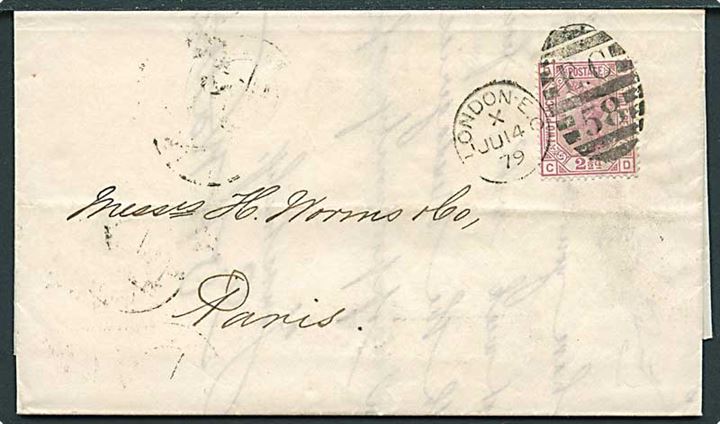 2½d Victoria single på brev annulleret med duplex London E.C./E.C. 58 d. 14.6.1879 til Paris, Frankrig.