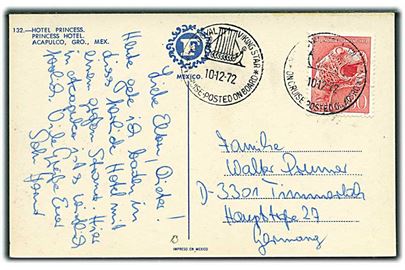 80 øre på brevkort fra Mexico annulleret med skibsstempel M/S Royal Viking Star * On Cruise - Posted Onboard * d. 10.12.1972 til Tyskland.