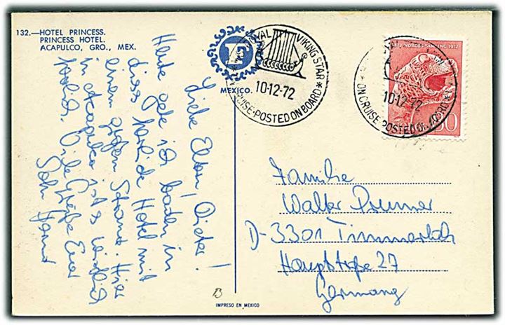 80 øre på brevkort fra Mexico annulleret med skibsstempel M/S Royal Viking Star * On Cruise - Posted Onboard * d. 10.12.1972 til Tyskland.