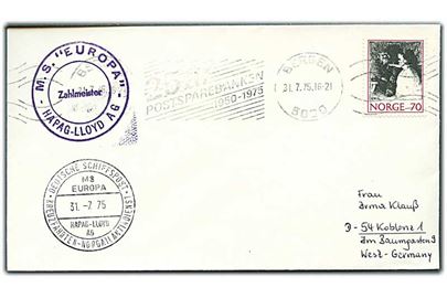70 øre på brev fra Bergen d. 31.7.1975 til Koblenz, Tyskland. Sidestemplet Deutsche Schiffspost MS Europa Kreuzfahrten-Nordatlantikdienst.