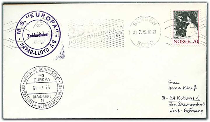 70 øre på brev fra Bergen d. 31.7.1975 til Koblenz, Tyskland. Sidestemplet Deutsche Schiffspost MS Europa Kreuzfahrten-Nordatlantikdienst.