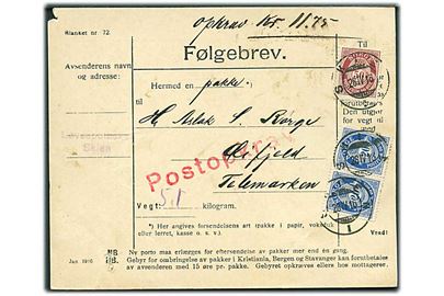20 øre (par) og 50 øre Posthorn på adressekort for pakke med opkrævning fra Skien d. 28.4.1916 til Øifjeld i Telemarken.