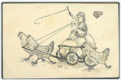Illustreret 3 øre bølgelinie helsagskort. Haner trækker vogn med påskeæggene. Dreng som kusk, sidder på æggene. U/no. 