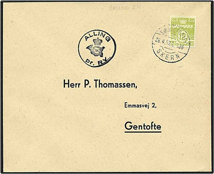 12 øre lysegrøn bølgelinie på brev fra Alling d. 26.4.1957 til Gentofte. Alling / pr. Ry posthornsstempel og Skanderborg / Skern bureaustempel.