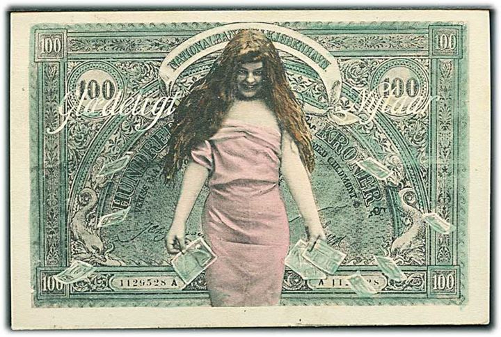 Glædeligt Nytaar. Pengeseddel 100 kr. med pige i lyserød kjole. Stenders u/no. 