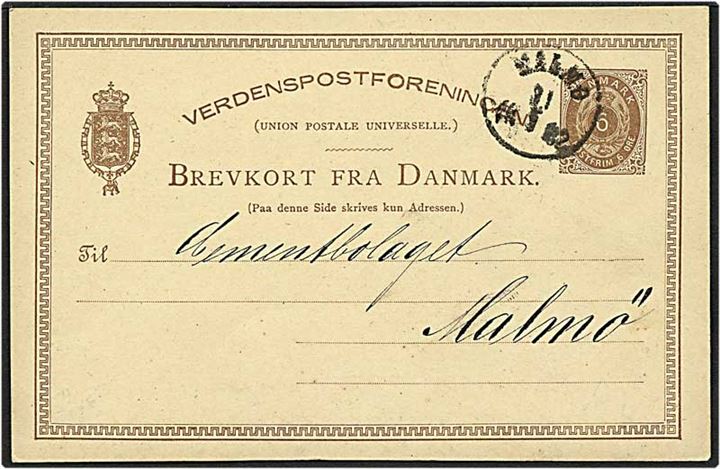 6 øre brun tofarvet enkeltbrevkort fra København d. 30.3.1882 til Malmø, Sverige. Helsagen afstemplet Malmø.