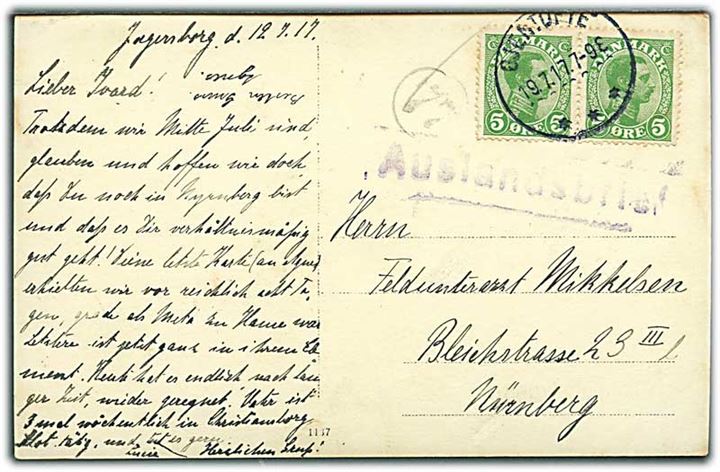 5 øre Chr. X i parstykke på brevkort fra Jægersborg stemplet Gjentofte d. 19.7.1917 til Nürnberg, Tyskland. Rammestempel Auslandsbrief.