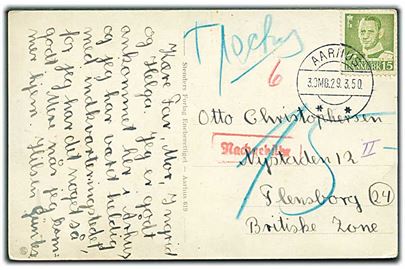 15 øre Fr. IX på underfrankeret brevkort annulleret med brotype IIi Aarhus ** 3.OMB. d. 29.3.1950 til Flensburg, Tyskland. Udtakseret i 15 pfg. tysk porto.