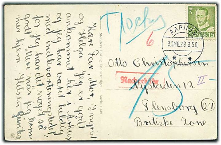 15 øre Fr. IX på underfrankeret brevkort annulleret med brotype IIi Aarhus ** 3.OMB. d. 29.3.1950 til Flensburg, Tyskland. Udtakseret i 15 pfg. tysk porto.