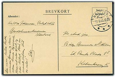 Ufrankeret fortrykt Interneringspost brevkort fra Næstved d. 13.9.1943 til København. Fra soldat i Polyt. Bt. III, Garderhusarkasernen, Næstved.