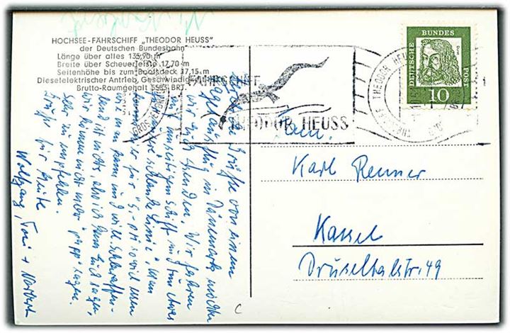 Tysk 10 pfg. på brevkort (Færgen Theodor Heuss) annulleret tysk skibsstempel Fährschiff Theodor Heuss Grossenbrode - Gedser d. 1.10.1961 til Kassel, Tyskland.