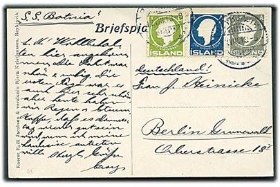 1 aur, 4 aur og 6 aur Sigurdsson på brevkort (Havneparti fra Reykjavik) stemplet Reykjavik d. 17.8.1913 til Berlin, Tyskland. Påskrevet: S.S. Botnia.