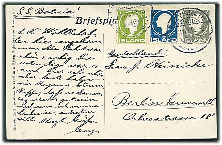 1 aur, 4 aur og 6 aur Sigurdsson på brevkort (Havneparti fra Reykjavik) stemplet Reykjavik d. 17.8.1913 til Berlin, Tyskland. Påskrevet: S.S. Botnia.
