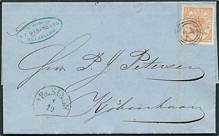 4 sk. Krone/Scepter på brev annulleret med nr.stempel 24 og sidestemplet antiqua Helsingør d. 1.10.1866 til Kjøbenhavn.