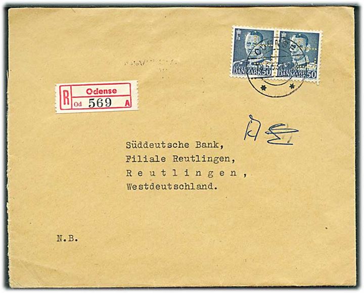 50 øre Fr. IX (par) med perfin F.L. på firmakuvert fra Fyens Landmandsbank sendt anbefalet fra Odense d. 18.5.1953 til Reutlingen, Tyskland.