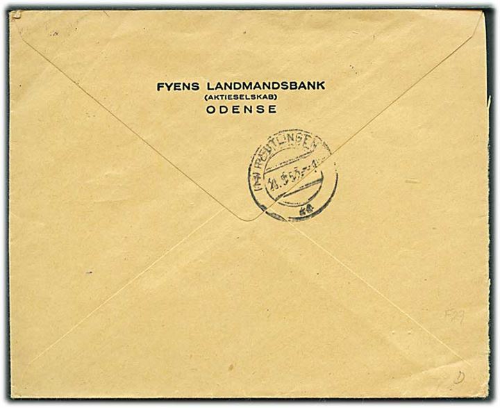 50 øre Fr. IX (par) med perfin F.L. på firmakuvert fra Fyens Landmandsbank sendt anbefalet fra Odense d. 18.5.1953 til Reutlingen, Tyskland.