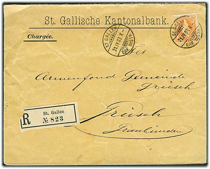 20 c. Stående Helvetia single på anbefalet brev fra St. Gallen d. 21.4.1903 til Zürich.