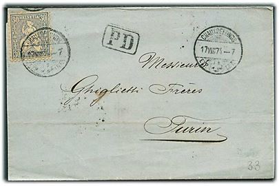 30 c. siddende Helvetia på brev fra Chaux de Fonds d. 17.8.1874 til Torino, Italien.
