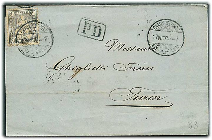 30 c. siddende Helvetia på brev fra Chaux de Fonds d. 17.8.1874 til Torino, Italien.