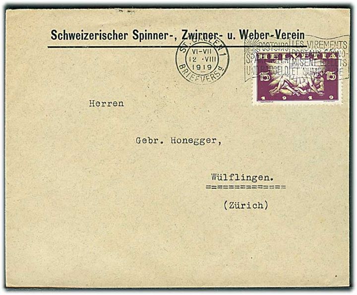 15 c. Freds udg. single på brev fra St. Gallen d. 12.8.1919 til Wülflingen. 