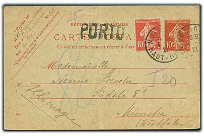 10 c. helsagsbrevkort opfrankeret med 10 c. fra Mulhouse d. 4.5.1921 til Münster, Tyskland. Underfrankeret med PORTO stempel og udtakseret i 80 pfg. tysk porto.