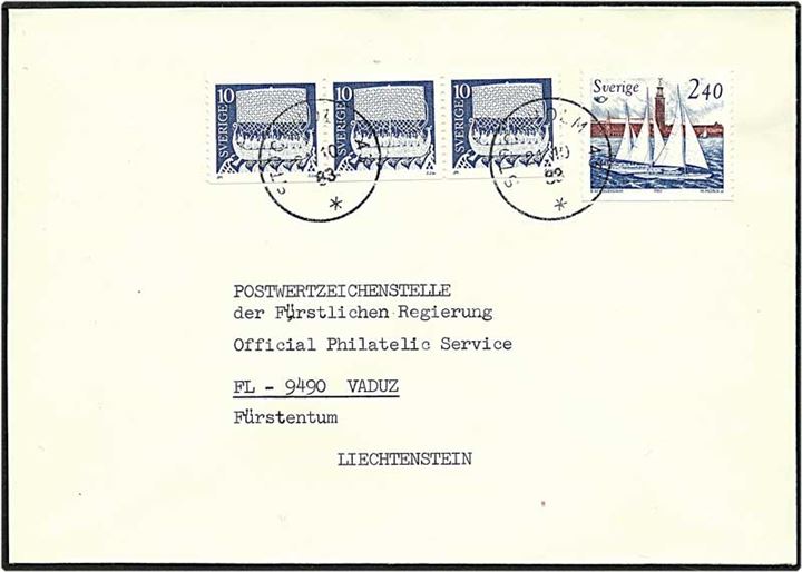 2,70 kr. porto på brev fra Stockholm, Sverige, d. 24.10.1983 til Liechtenstein.