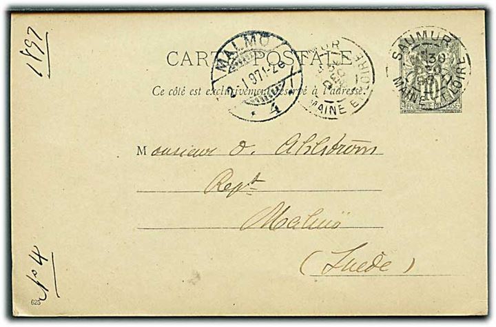 10 c. helsags brevkort fra Saumur d. 30.12.1896 til Malmö, Sverige.