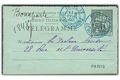 50 c. rørpost helsags korrespondancekort i Paris d. 8.2.1893.